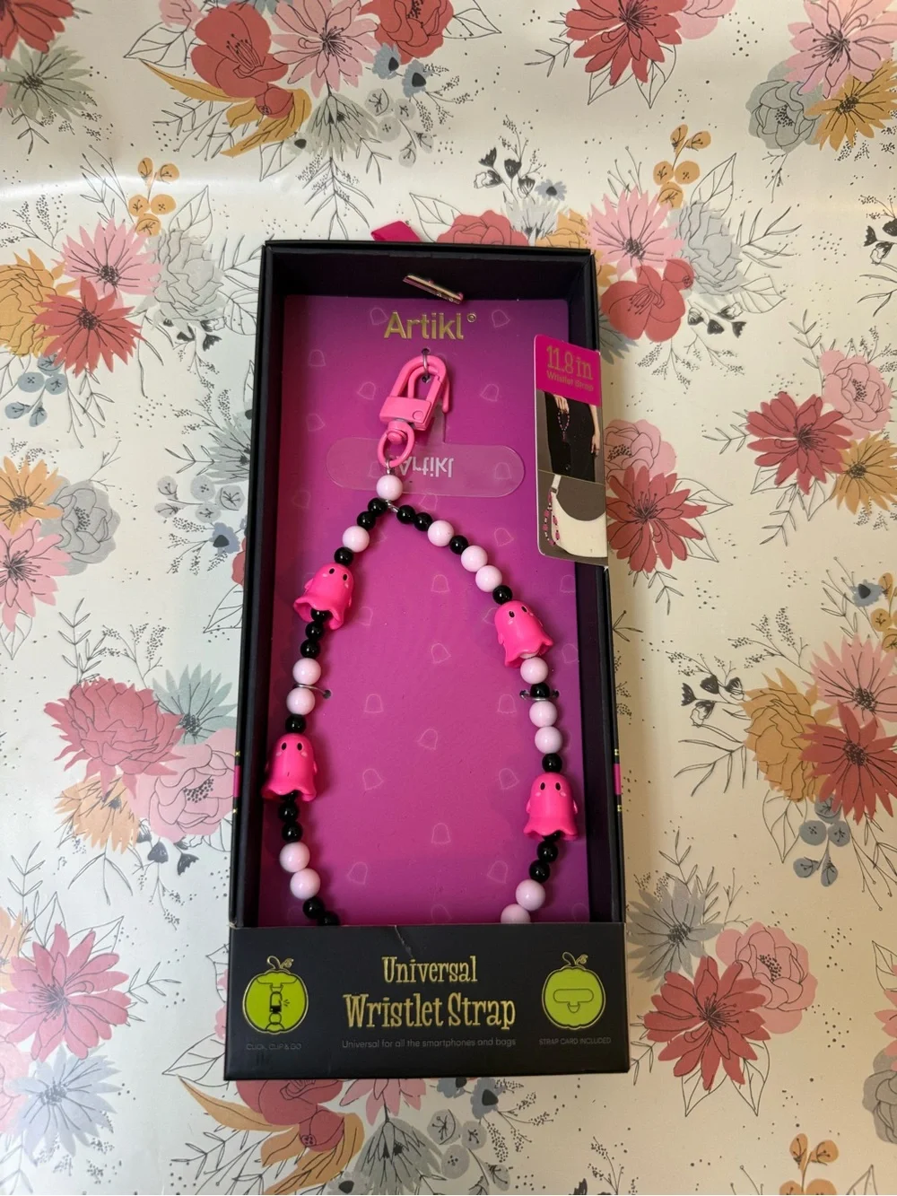Pink & Black Beaded Wristlet Strap with Ghost Charms